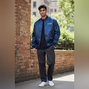 Good Year Swingster Men's Embroidered Blue Satin Bomber Jacket, Size Medium, EUC